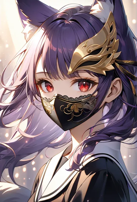 Upper body close-up（((masterpiece), on)"A fox-eared woman with a fluffy tail, wearing an elegant Japanese-style modern sailor uniform, her upper face fully concealed by a black lace mask adorned with intricate patterns and golden accents, long wavy purple ...