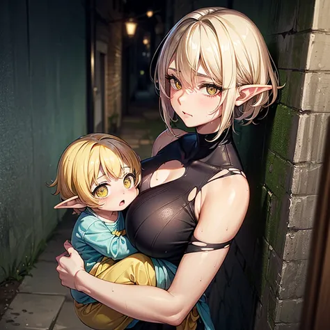 ((1 elf woman)),(( holding a  in her arms )),(( wearing torn and dirty clothes )),(( long, light yellow hair )), Big breasts ,Dirty face and Tirsti ,((  leaning against the wall ,  in a wet alley in a medieval city)),((  the baby is scared and clutching he...