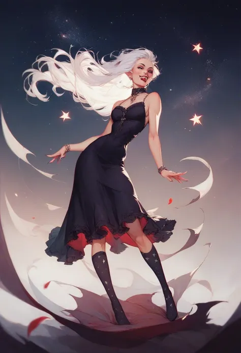 ( beautiful woman ), ( white hair), (eyes are red), (Vampire), ( black velvet dress), (series), (super verbose), ( high quality), (flat hair ), ( starry sky on socks ).