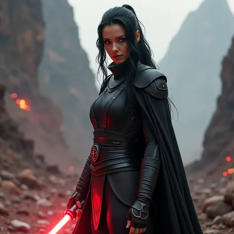 A human woman from the Star Wars world with black hair ,  red eyes and black costumes holding a red lightsaber 