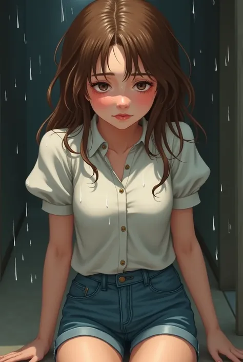 female、High image quality、Brown short hair、shorts、Clothes with buttons、crying 、Downward-slanting eyebrows、smile、blush、puff sleeves、pink clothes、 Wet Clothes、(Pee)、((Peeing))、Trembling