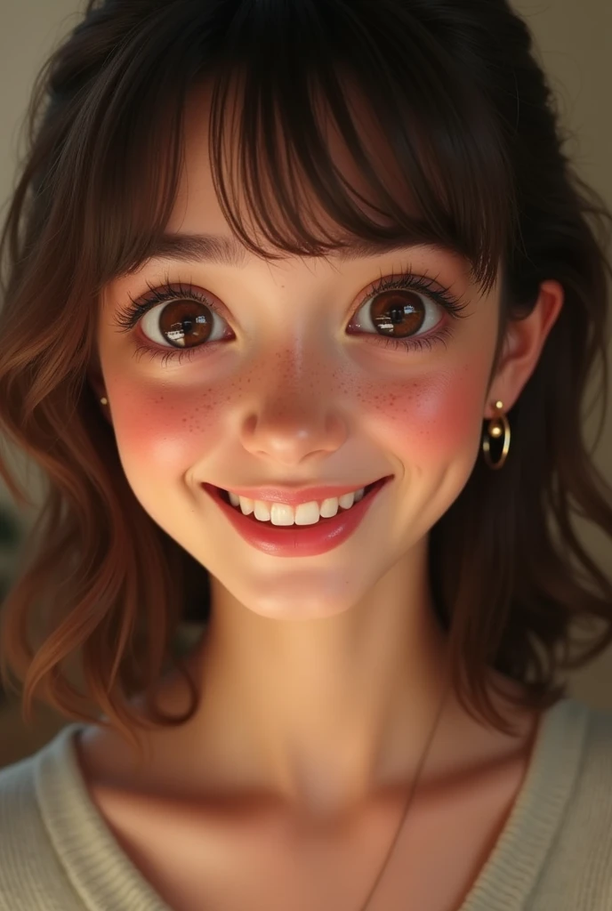 1girl, smile, solo, freckles, brown_hair, looking_at_viewer, teeth, jewelry, earrings, blurry, blurry_background, portrait, brown_eyes, lips, open_mouth, yellow_eyes, bare_shoulders, stud_earrings, grin, close-up, bangs, medium_hair