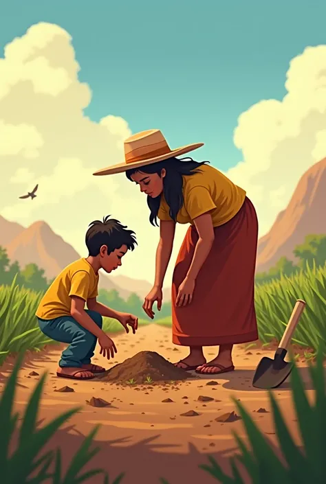 Mother and son are in the field WEARING THE SIERRAS CLOTHING  ,  planting the seeds they have separated .  The mother bends down while teaching the  how to put the seeds in the soil .  The  is imitating the mother ,  with a hand in the soil and an expressi...