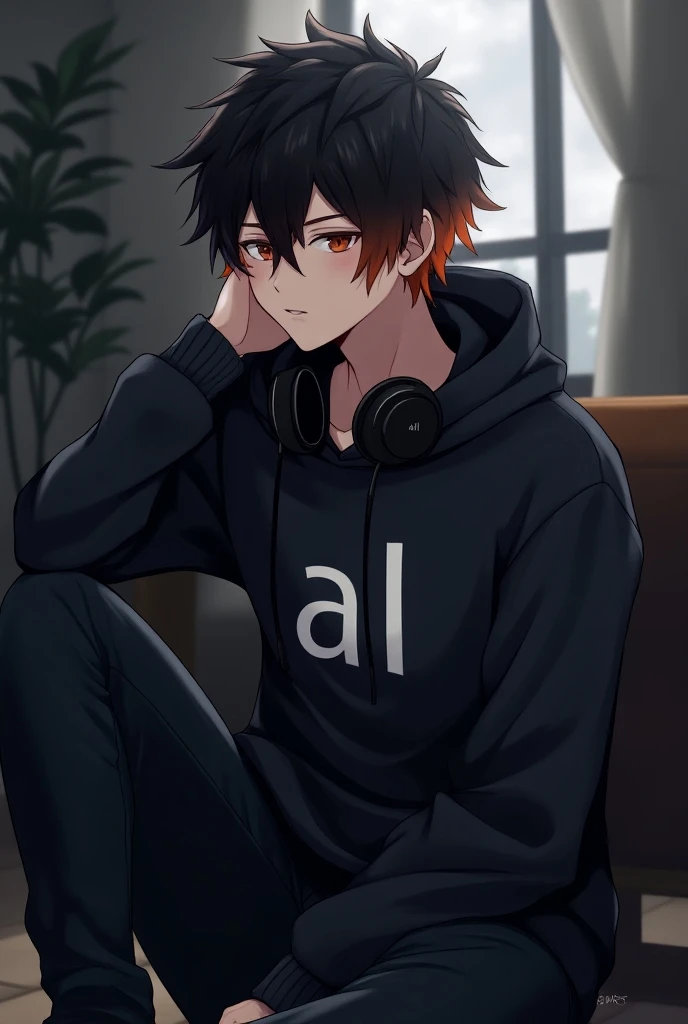 Anime laki laki umur 18 tahun memekai Hoodie hitam ada tulisan "AL" di bagian dada, lagi duduk, Rambut hitam oren, Headphone di leher,