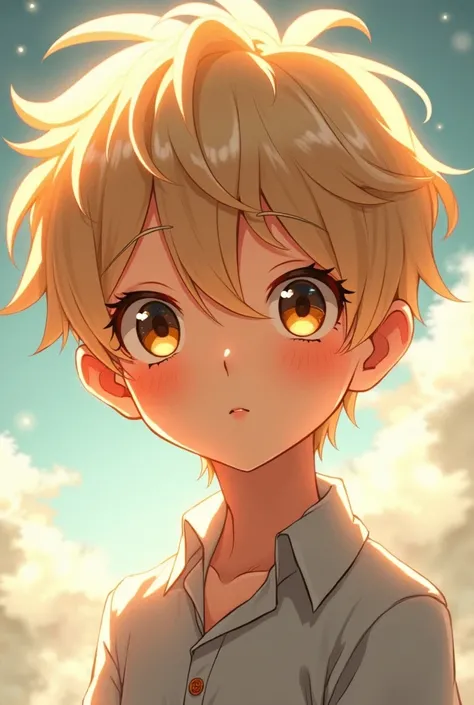  Boy in anime style ,  light-colored blond hair ,  light-colored golden eyes,  pale skin, attractive and slim 