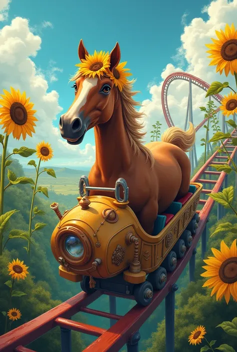 Create a horse riding a roller coaster with a sunflower hat with human hands