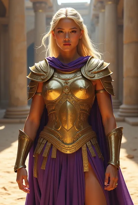 Blonde Asian gladiator in golden armor with purple accents,
