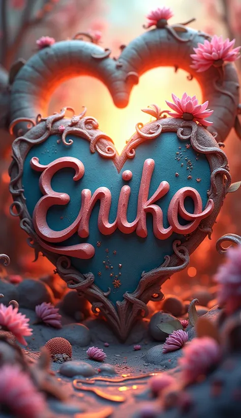  write the name ENIKO three-dimensionally in cursive。Write the background in a fantastic and heart-like way 