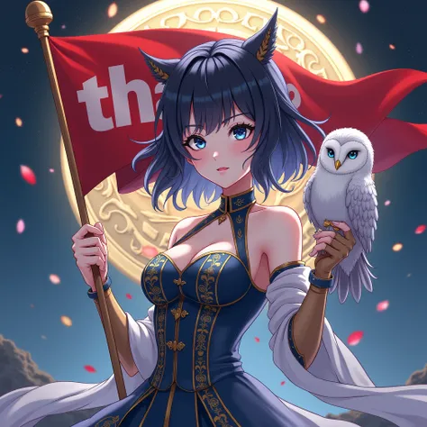 Beautiful Korean girl holding the flag with the word tha2 written on it. Cool book body with a blue eyed owl on the arm. The background is a beautiful tha2 logo