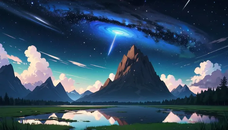 Original,  anime style,  digital painting , night,  starry sky , cloud, landscape, Blue sky over wetland 