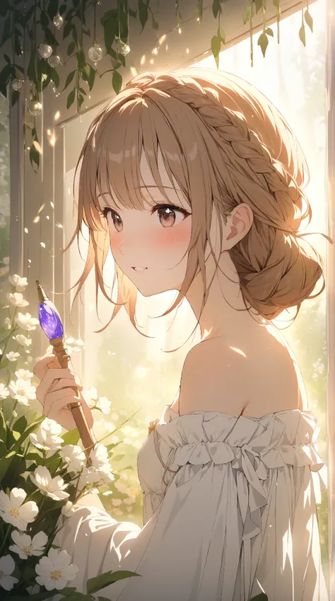 1 girl, ( cute face), Braided Hair, to many hairstyle, (blush:1.2),  shy expression , look back,  small breasts,  Fantasy Healer Clothes, Healing Wand ,  Clear Skin , break, Warm Light, (Gentle Light:1.3), (Atmosphere of Love :1.3), break, Flower Field, Fl...