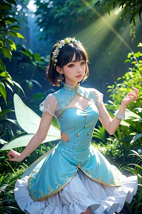 Paper Art、Cut out paper 、 best quality、Wearing light blue and yellow blue paper and paper、Beautiful girl、Dancing in the fairy country of the Gothic Garden　 Professional Photographers Lighting 　Beautiful design　Beautiful color scheme 　 masterpiece