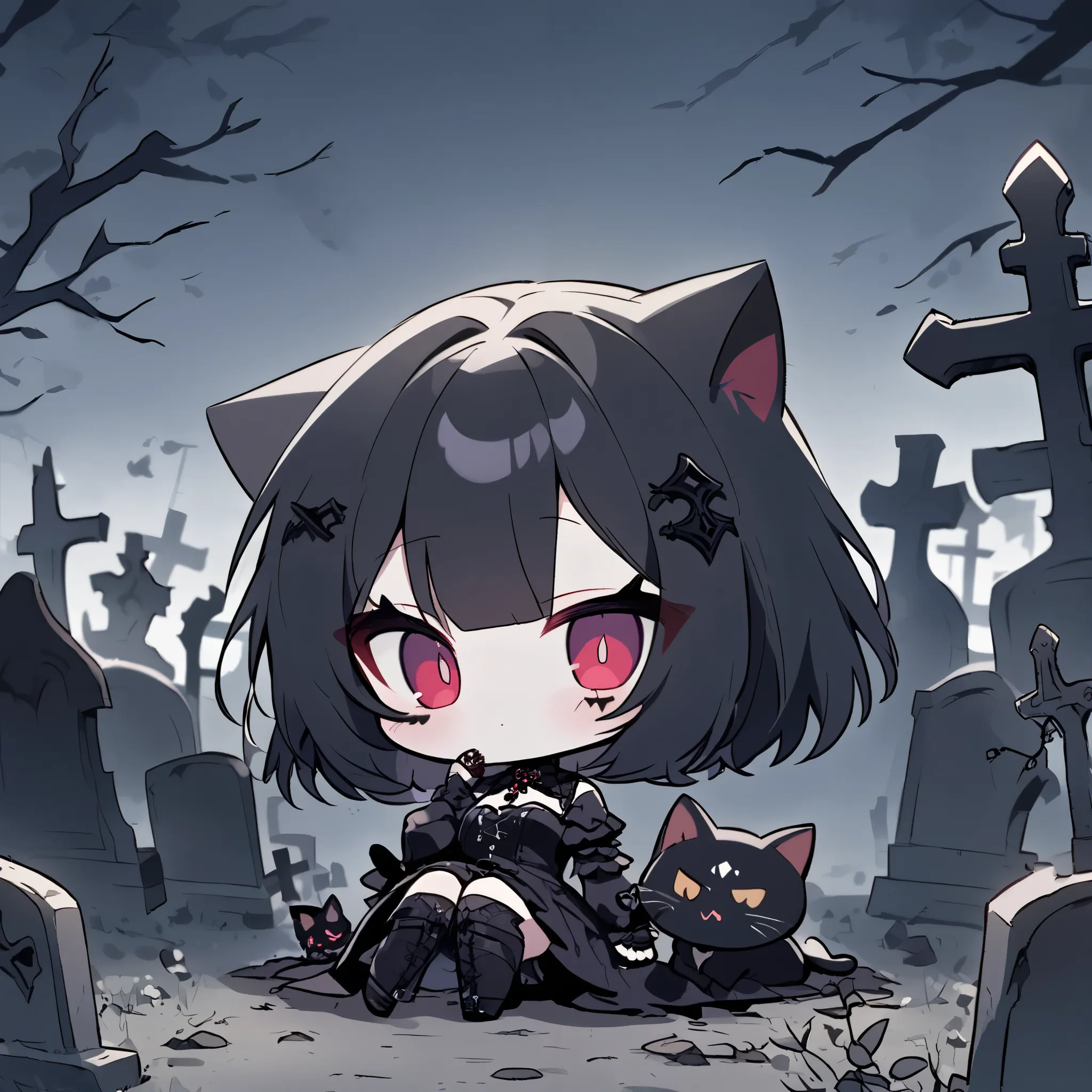 derelict graveyard,dark gothic,chibi cat