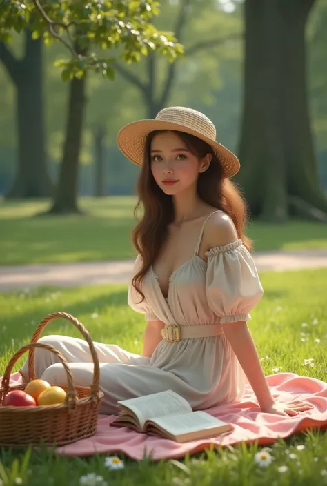  realistic image of an 18-year-old girl with brown hair, green eyes and white skin,  enjoying an outdoor picnic .  She wears elegant and reserved clothes , with a classic and sophisticated style.  She is sitting on a blanket of soft colors ,  surrounded by...