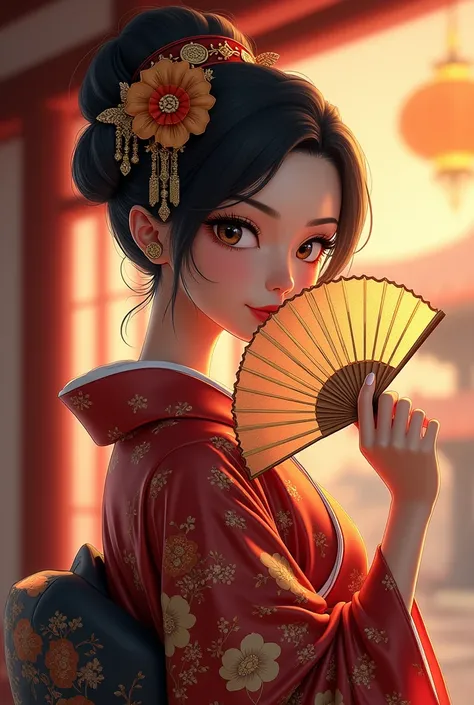  Animated Japanese woman wearing black kimono there are shades of red and gold, From the side,  turns to the camera ,  makeup on the head ,  brings the fan ,  open fan covers the mouth ,  background Japanese atmosphere blur ,  8K quality , sharp glare ,  8...