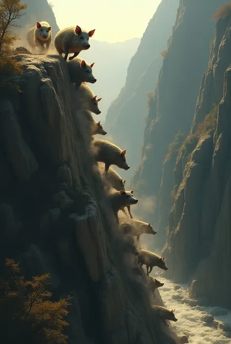 Herd of wild pigs falling off a high cliff