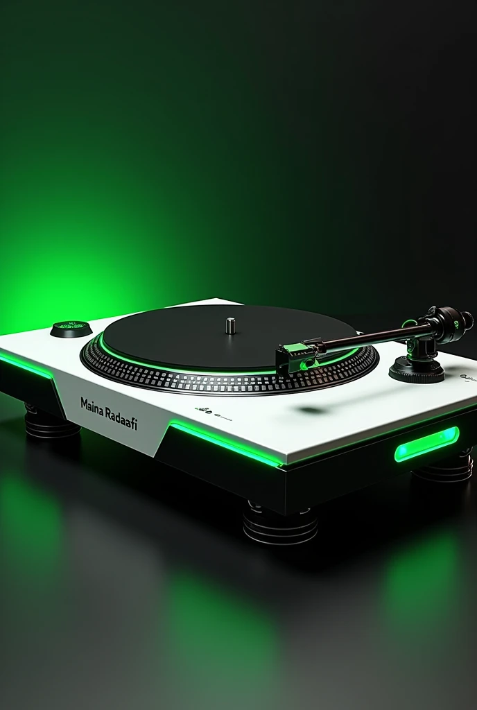 A dj turntable player with white, black and green colors  with a name Maina Radasafi