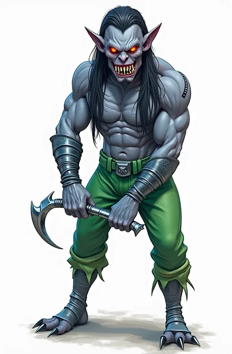 Turn this drawing into a real photorealism character This character must have red eyes and green pants.  His props are all silver metal and shiny . His teeth are sharp like those of a monster  