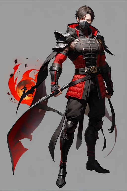 Mortal Kombat character,  mortal kombat mask,  black  and red, short hair  ,full-body images,  guardian,  full  uniform,  male 