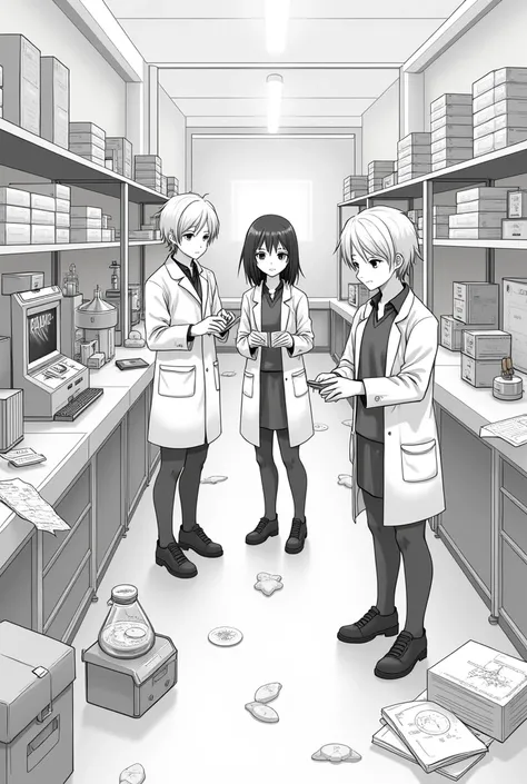 Make me an image of 3 anime people gathering materials for research make it monochrome 
