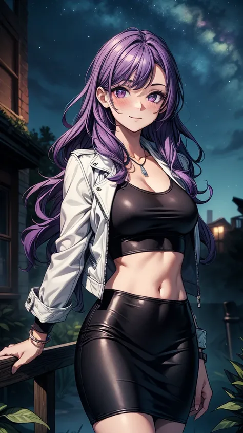 ((masterpiece, best quality:1.3, high detail)), beautiful woman, smirk, looking at viewer, long wavy hair, (purple hair), hairpin, bright purple eyes, light blush, (white leather jacket crop top), (long black midi (pencil skirt)), midriff, navel, necklace,...