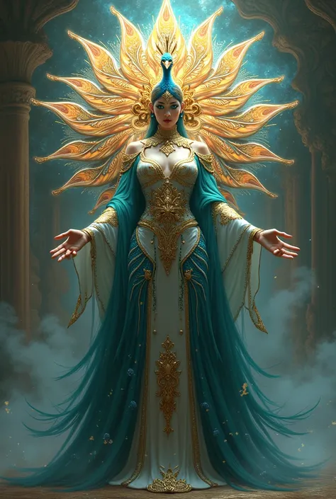 majestic, female, goddess of luck, goddess of bad luck, peacock, peacock head