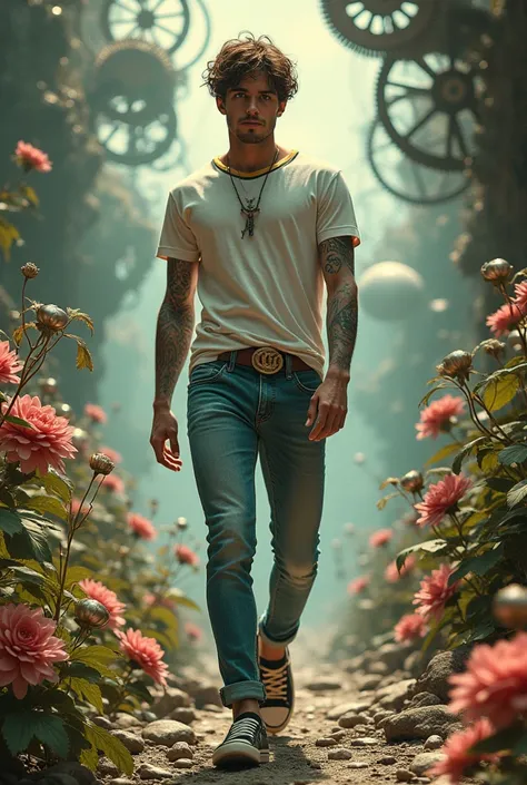 man,  Surfer style ,  messy brown hair ,tattoo on the neck ,  t-shirt dior nautical shoes Dolce &Gabana Negra ,  jeans pitillo dior  , sports watch, Greenish yellow eyes,  smile,   that led me to a surrealistic biomechanical landscape ,  blending human bea...