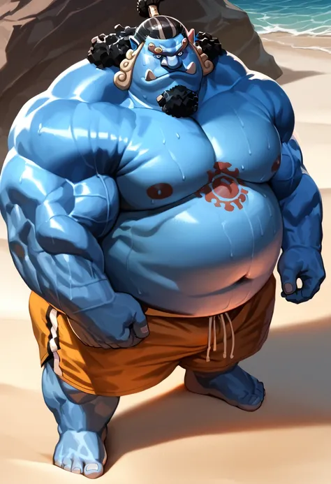 solo, 1boy, Muscular ,jinbe, blue skin, shorts, beach, wide shoulder, thick arms, (chubby, belly), wide pectoral, massive muscle, beach, short hair:1.2, detailed eyes, focus eyes, sweat, shirtless, masterpiece, semirealistic:1.2, high detailed, 8k, high re...