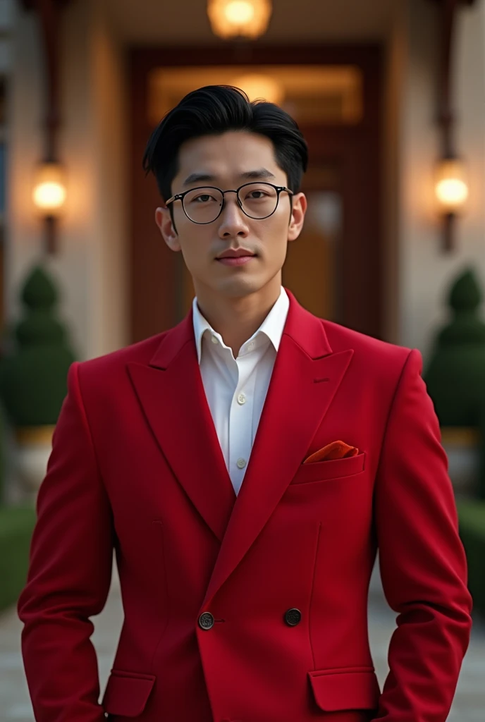 A male, he is Korean,25 years old,75kg,old money black hair,Of course blue eyes,light skin,almond shaped eyes,V-shaped face,with a subtle and well-defined jawline,something common in many Korean looks, clothing style and Romantic style and Social style and...