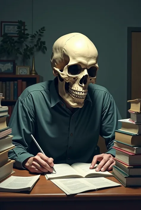  A conceptual and surreal illustration of a person at a study table , surrounded by piles of books and papers ,  as your body begins to slowly transform into a skull .  the scene transmits intensity ,  with dramatic light highlighting the partially human a...