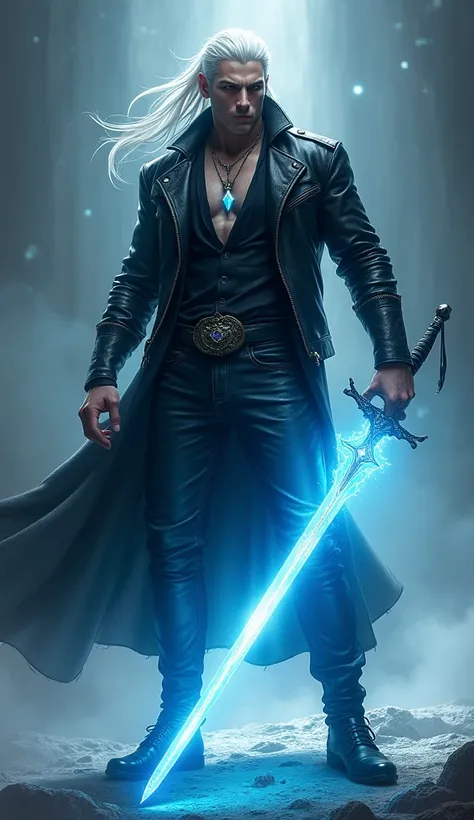  White-haired man and Lasio , thin but muscular,  heavenly eyes , black jeans pants,  black leather jacket,  black shoes, necklace with a diamond , sword in one hand,  the sword radiates a clear light blue flash.