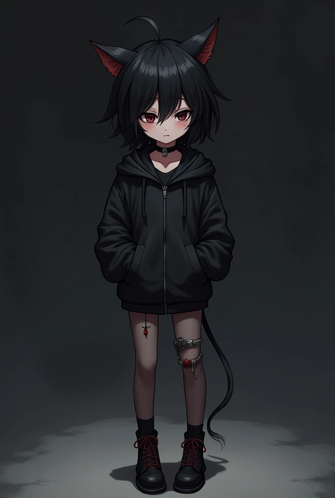 short hair、 Black Hair、cat ears、" Brown Skin "、 black pupils 、  black hooded jacket ( The hat is put down ， zipper without pulling on )、 Wearing black sports underwear 、 Black Stockings 、Japanese animation style  、cute、Girls、 only one person 、dark skin、Cat...