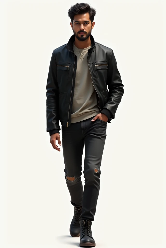 Indonesian man 25 years old with short hair curled brewok without mustache strapping in black leather jacket black jeans using booth shoes .  walks face forward fostur body visible all clear .realistic focus 