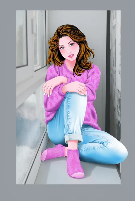 painting of a woman sitting on the floor in front of a window, a digital painting inspired by Jean Hey, deviantart contest winner, digital art, in style of digital illustration, urban girl fanart, in the art style of bowater, realistic artstyle, cartoon di...