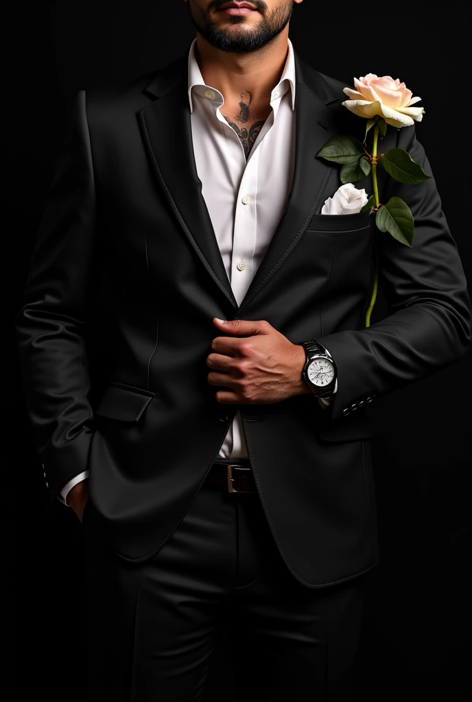  Torso of a man dressed in an elegant suit . She has a watch on her wrist . has a tattoo. In the corners of the picture there are roses. The background is black