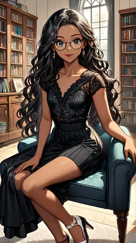 (((Adult trans woman)): Formal dress skirt, formal lace top, black eyes, ((brown skin)), dark skin, showing the whole body, ((black hair, long wavy hair)),(High heel white sandals). Closed mouth)); full body shot, cute smile, intense eyes looking, (sitting...