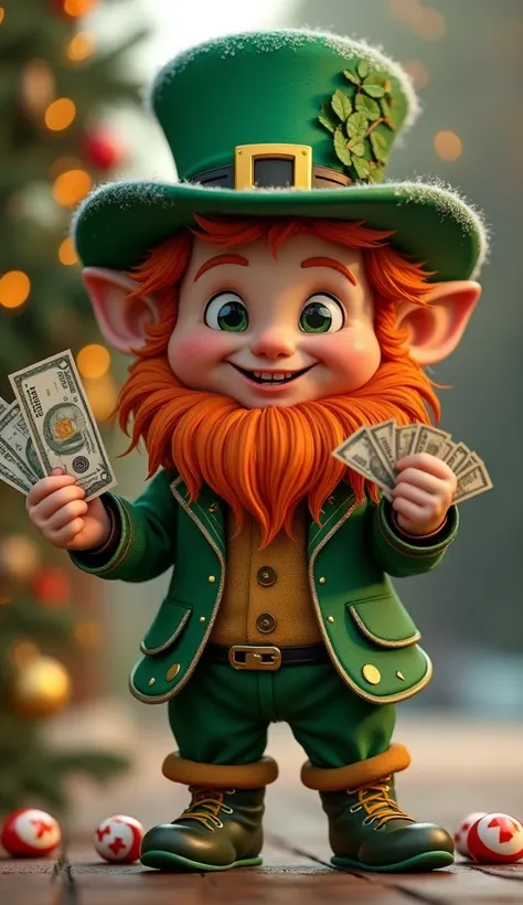 I want an animated and cute leprechaun ,  with a sign held in my hands that have bills on the back, coins, bingo cards ,  and bingo balls with the text  "Merry christmas"  in Spanish that the text is on the top of the leprechaun and has Christmas lights on...