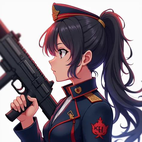 Anime-style profile photo of a commander dressed in a female uniform with the initials K4os with long curly hair holding a powerful weapon