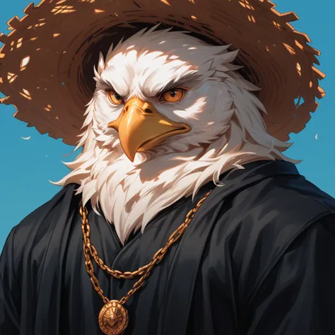 handsome cat, orange, wearing a black robe, straw hat, eagle eyes, facing forward, plain blue background,