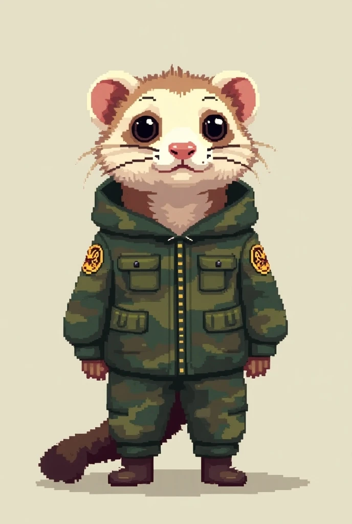 (photorealism:1.2), cute ferret in ukrainian military pixel type uniform