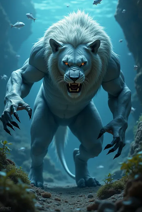 A muscular lion mixed with a white shark