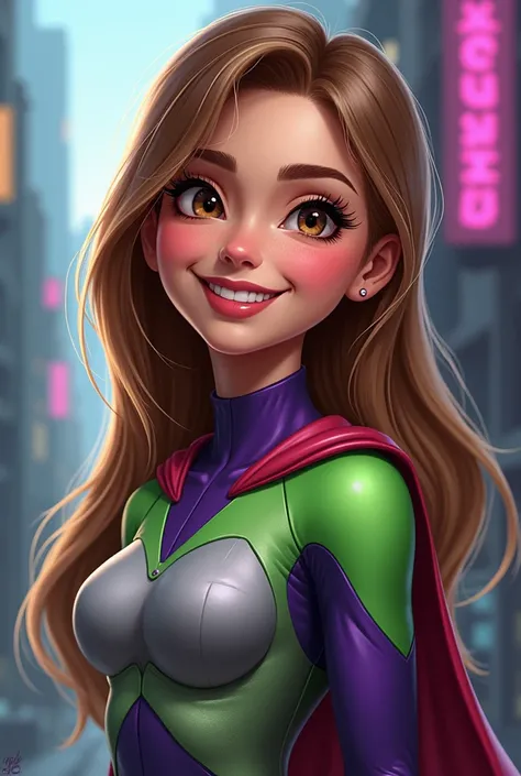 a superheroine drawn in a realistic style, maintaining her natural physical features. She has straight brown almost blonde hair and a smile with visible teeth, brown eyes and light eyebrows, soft features that convey energy, positivity and youth. Her skin ...