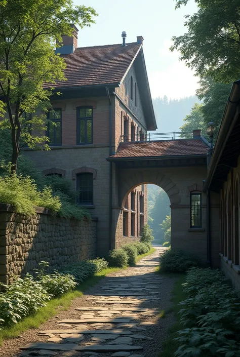  in an urban and natural environment    ,    near an old train station ( in the German-industrial architectural style of the 19th century ) with few people   ,    Under natural light   ,     with a stone wall background and a contrast of light  .