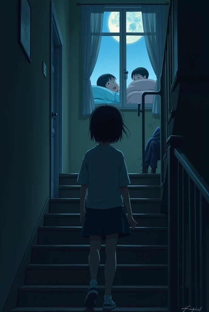 Create an image in the style of Makoto Shinkai A person tiptoeing down a staircase in a dimly lit house, with sleeping family members in the background.