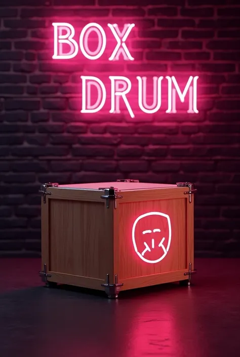 Box drum color madera claro,  dark brick wall background , pink neon letters  