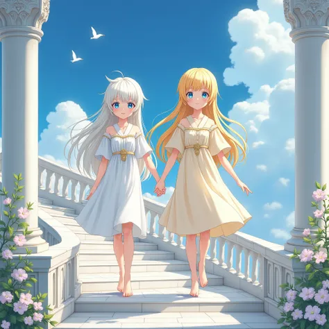 Charming Japanese anime style illustration of 2 beautiful girls with flowing fluffy long white and yellow hair, blue eyes, wearing ivory loose dresses and gold necklaces with expressionless faces, holding hands and walking barefoot down a marble carved spi...