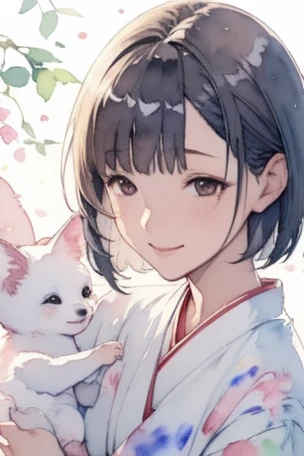 (masterpiece),( best quality:1.2),( very detailed:1.2),( high definition ),(((watercolor))),8k, Portrait of a gently smiling woman imagining spring, short bob,((透明watercolor,Color,Baby kitsune,Blur)),Imagine spring