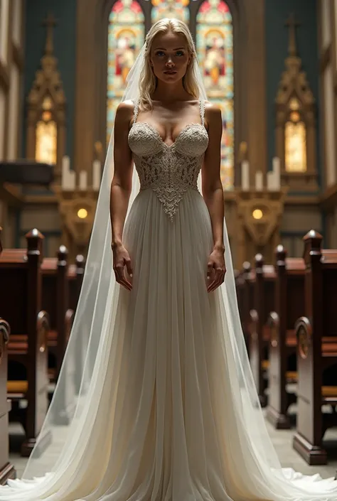 Fbb ai muscle woman in a wedding dress in a church showing her muscles growths and ripped body 