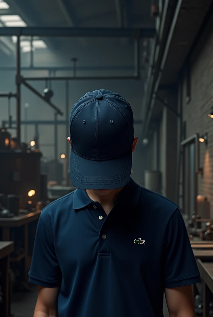 Make me a cap and a Lacoste called Mbossé Factory with a dark blue color 