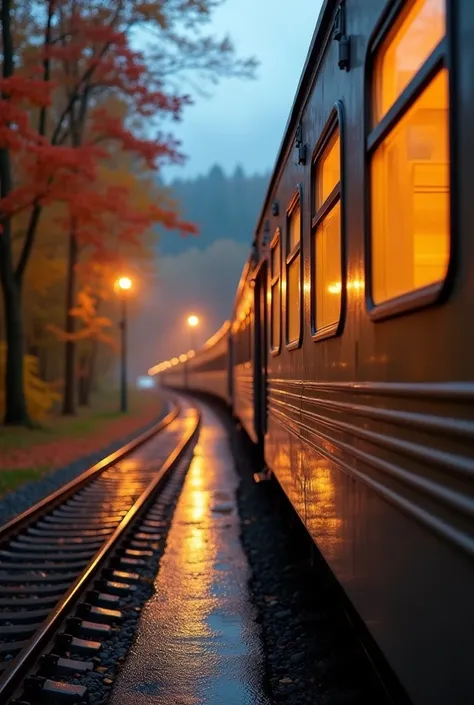 A serene and atmospheric scene capturing the perspective of a railway track during a quiet autumn evening. The focus is on a sleek metallic train, its windows glowing with a warm golden light that reflects softly off the wet rails below. Tiny droplets of w...